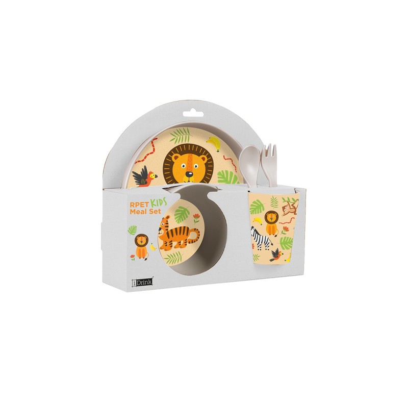 SET PAPPA IN RPET KIDS CON BICCHIERE, CIOTOLA, PIATTINO E POSATE ANIMALS