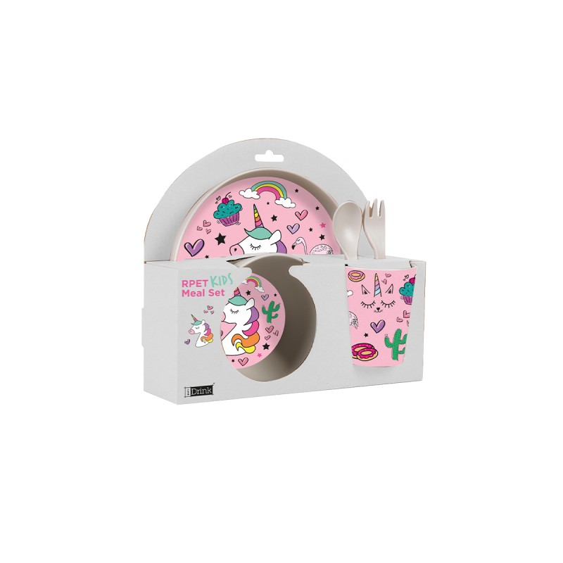 SET PAPPA IN RPET KIDS CON BICCHIERE, CIOTOLA, PIATTINO E POSATE UNICORN